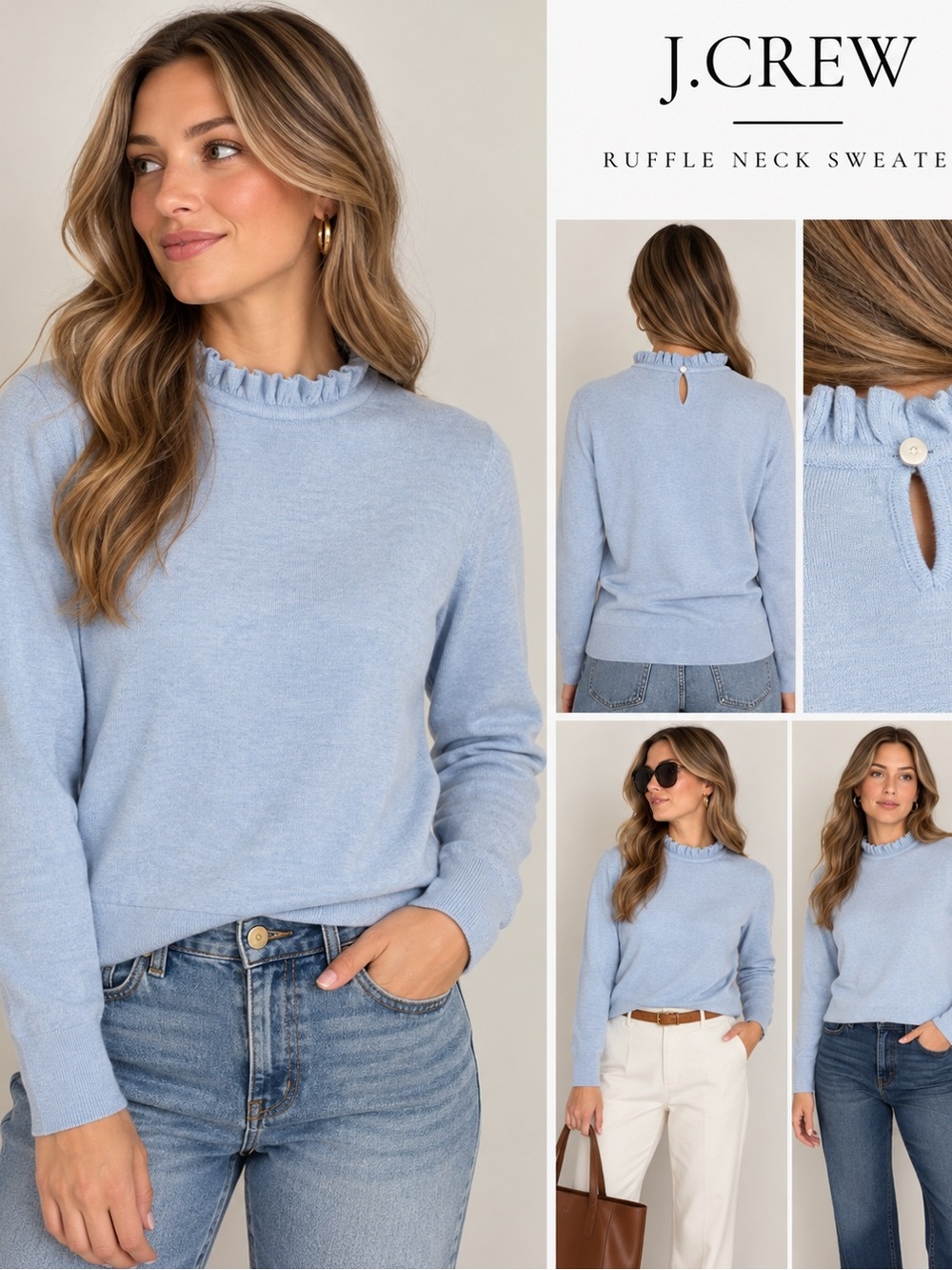 J.Crew Women’s Medium Light Blue Ruffle mock Neck Long Sleeve Cotton Sweater Top